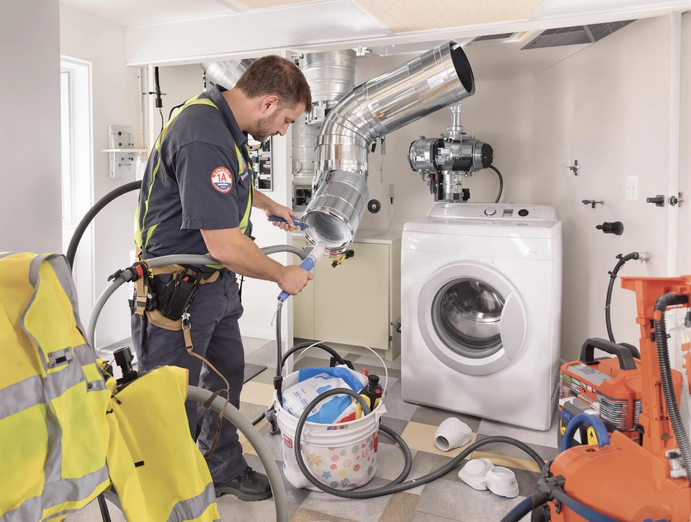 Tempe Dryer Vent Cleaning technician using specialized equipment to clear severe dryer vent blockage in Tempe