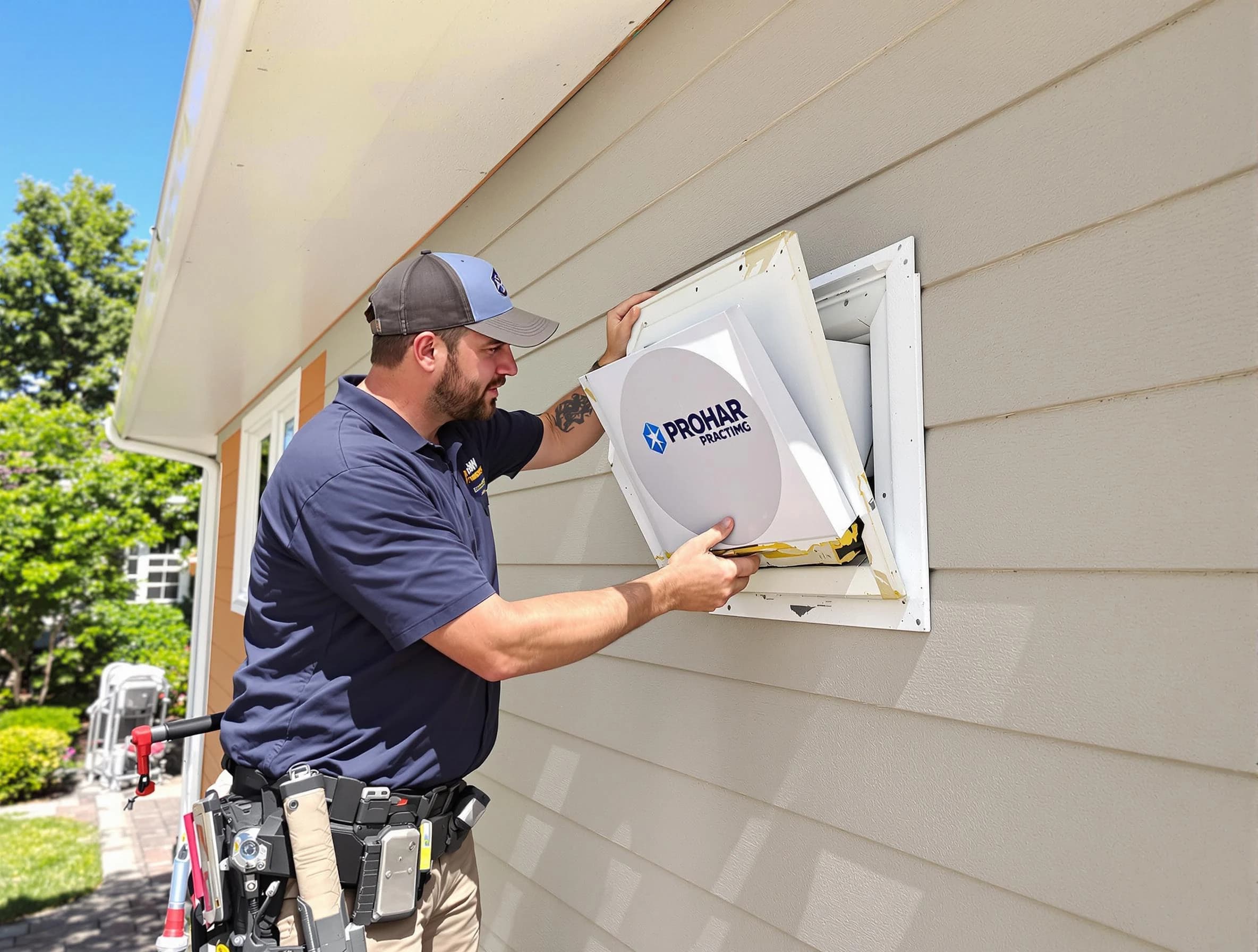 Tempe Dryer Vent Cleaning technician installing a new protective dryer vent cover on a home in Tempe