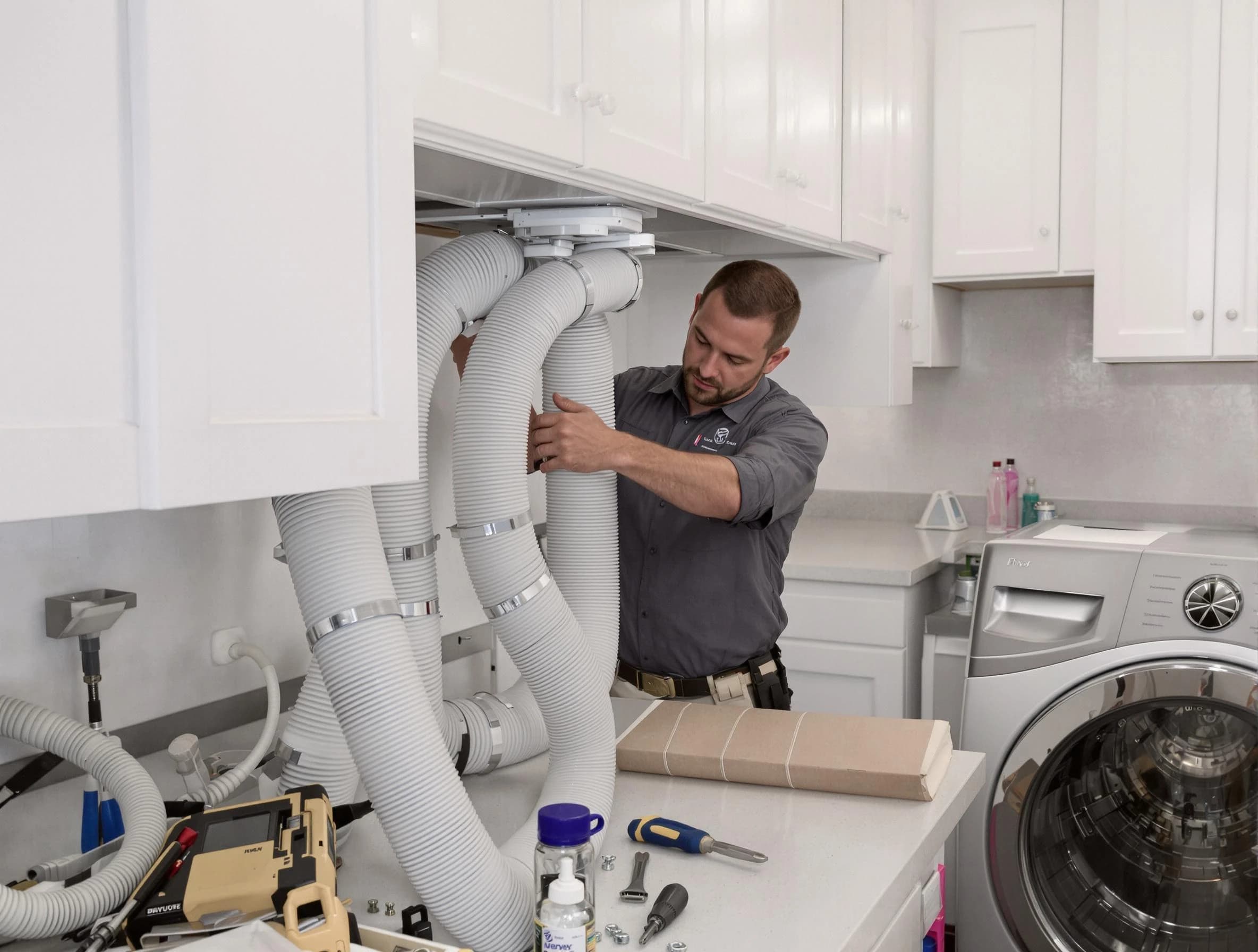 Tempe Dryer Vent Cleaning technician installing a new professional-grade dryer vent hose in Tempe