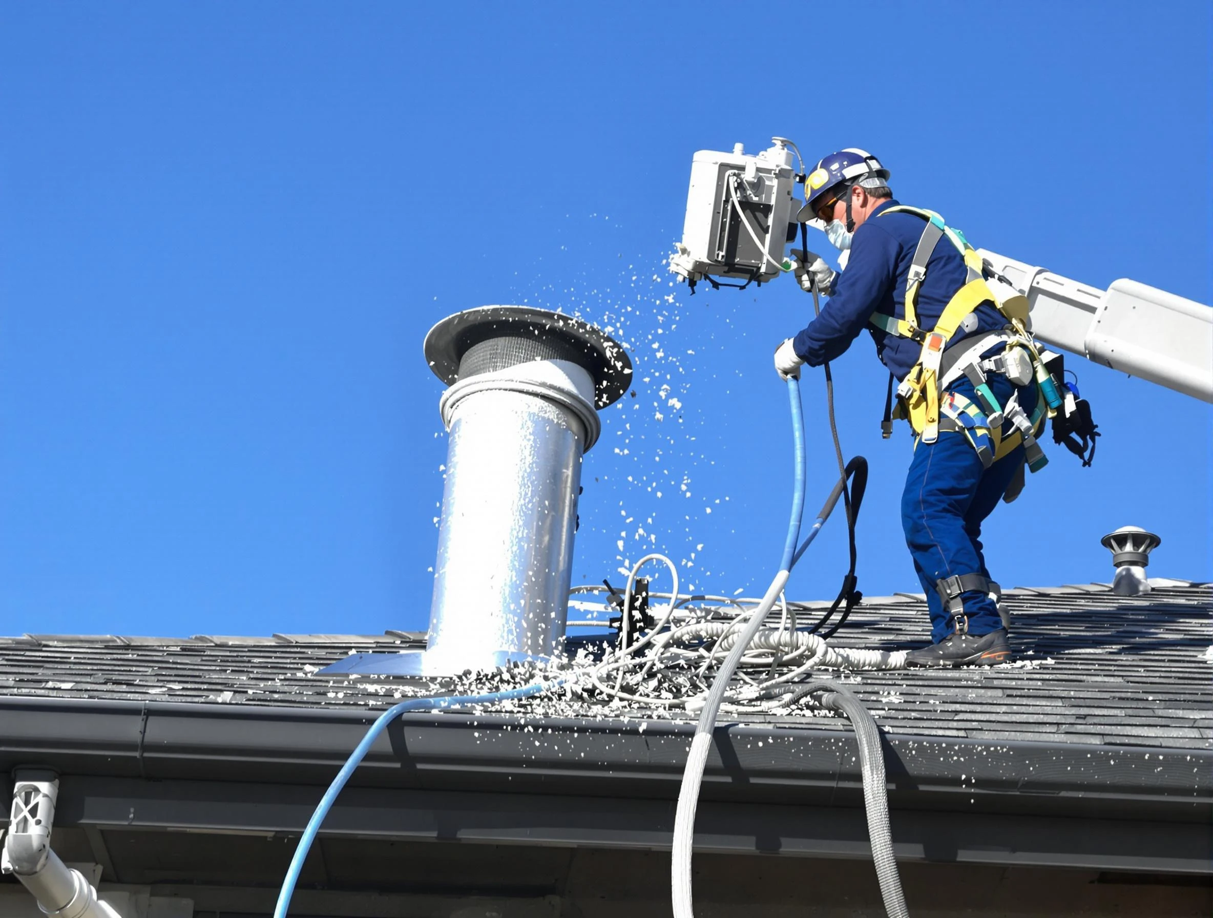 Tempe Dryer Vent Cleaning certified technician safely cleaning a roof-mounted dryer vent in Tempe